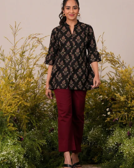 Black Printed Cotton A-Line Kurti
