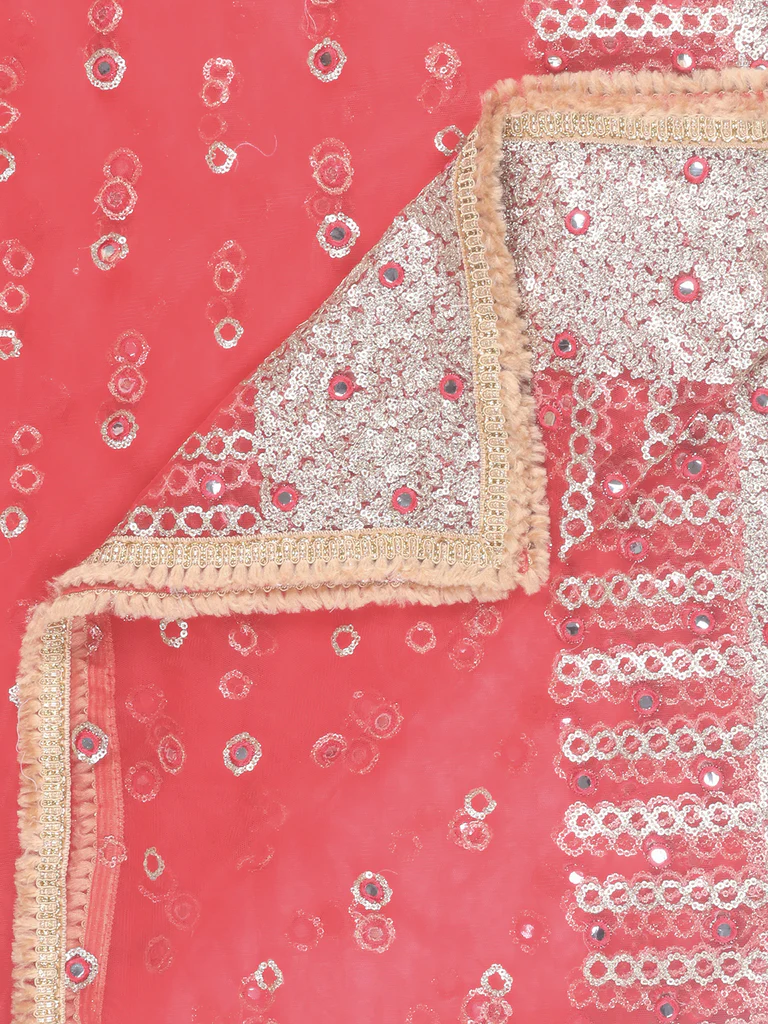 Red Net Dupatta with Sequins & Mirror Work - Image 5