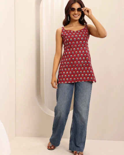 Red Printed Cotton Blend Straight Short Kurti