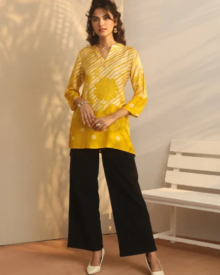 Mustard Printed Muslin Straight Short Kurti