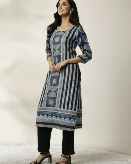 Blue Printed Cotton Blend Straight Kurta
