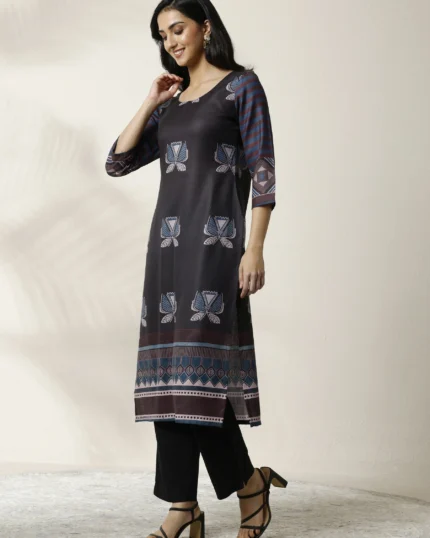 Black Printed Cotton Blend Straight Kurta