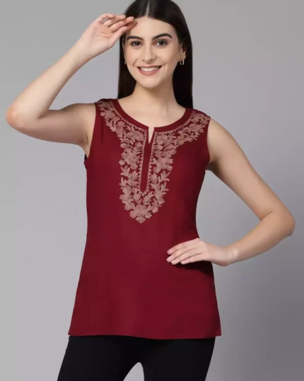 Amaira Maroon Sleeveless Short Kurti