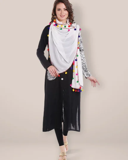 Chiffon Dupatta with Multicolored Pompom Balls