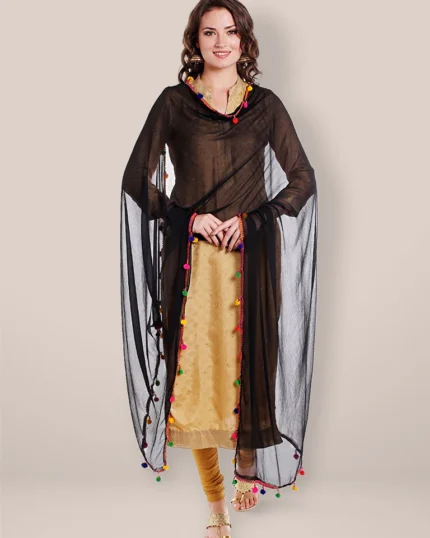 Black Chiffon Dupatta with Multicolored Pompom Balls