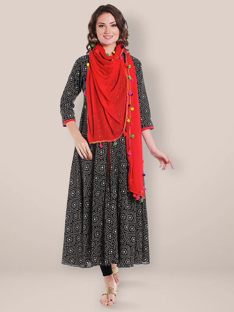 Chiffon Dupatta with Multicolored Pompom Balls - Image 8