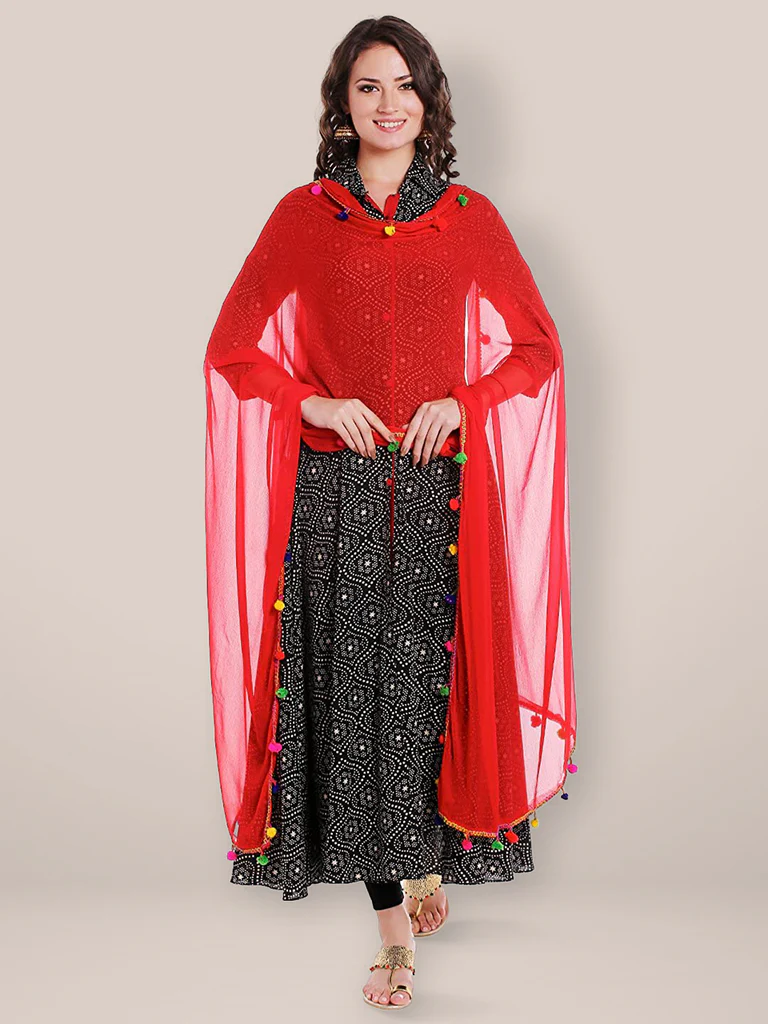 Chiffon Dupatta with Multicolored Pompom Balls - Image 7