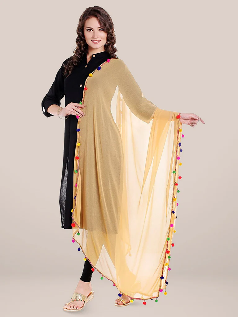 Beige Chiffon Dupatta with Multicolored Pompom Balls - Image 5