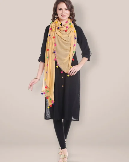 Beige Chiffon Dupatta with Multicolored Pompom Balls