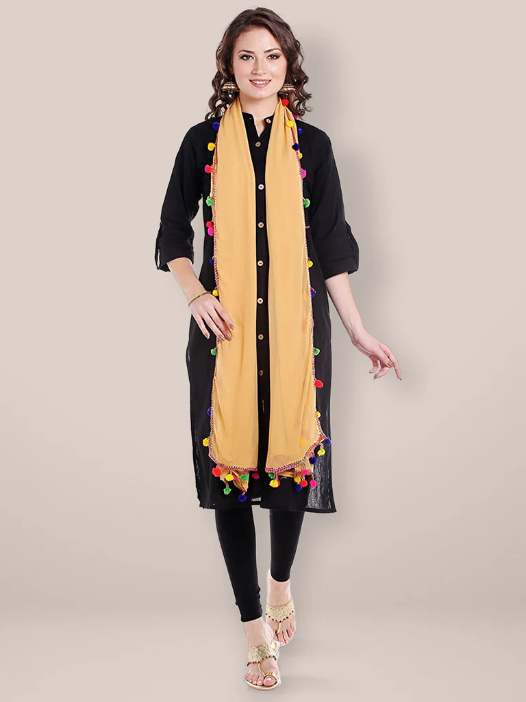 Beige Chiffon Dupatta with Multicolored Pompom Balls - Image 3