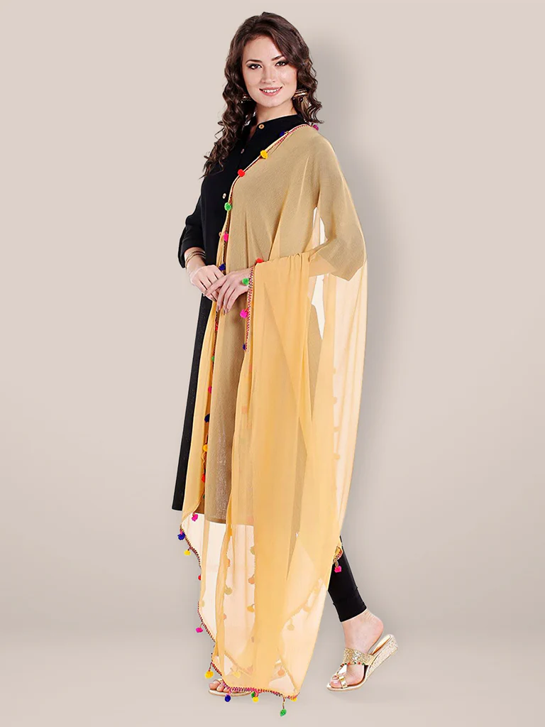 Beige Chiffon Dupatta with Multicolored Pompom Balls - Image 4