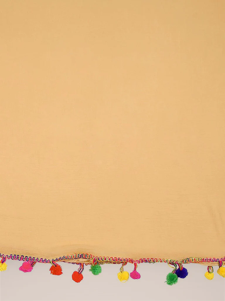 Beige Chiffon Dupatta with Multicolored Pompom Balls - Image 6