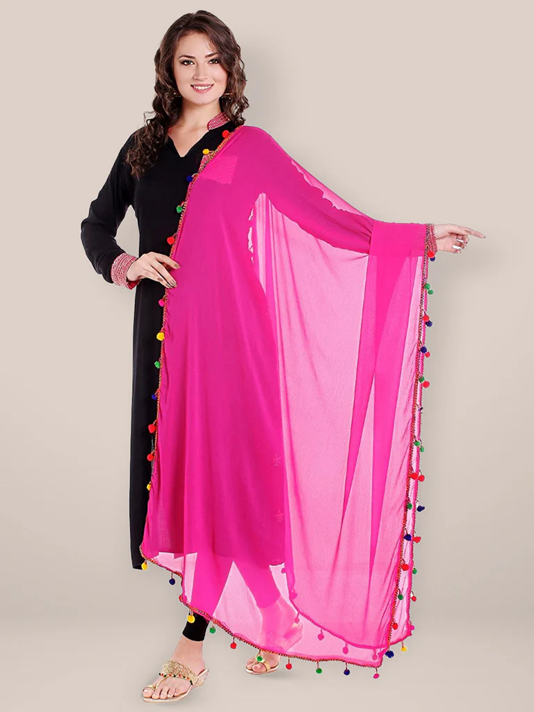 Chiffon Dupatta with Multicolored Pompom Balls - Image 3