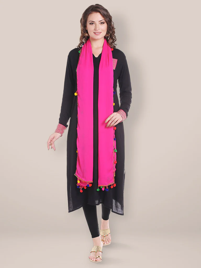 Chiffon Dupatta with Multicolored Pompom Balls - Image 2