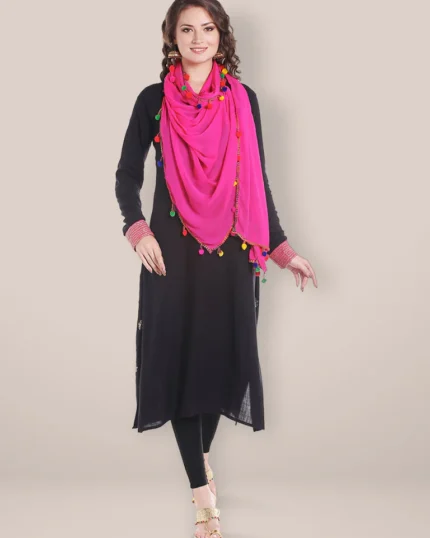 Rani Pink Chiffon Dupatta with Multicolored Pompom Balls