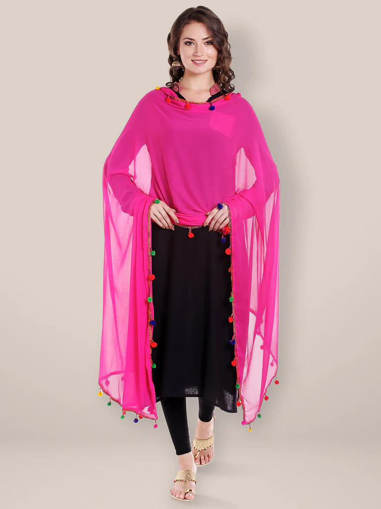 Chiffon Dupatta with Multicolored Pompom Balls - Image 5