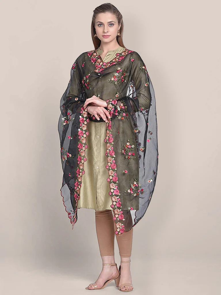 Organza Dupatta with Multicolor Floral Embroidery - Image 4