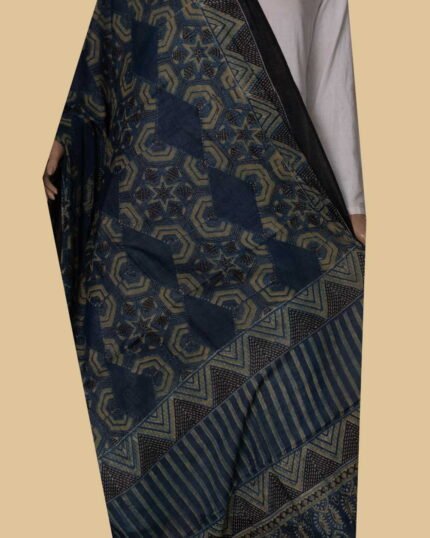 Indigo with Green Designs Ajrak Mul Cotton Dupatta