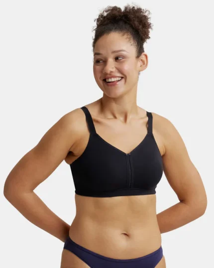 Black Combed Cotton Elastane Stretch Full Coverage Minimizer Bra