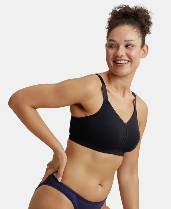 Black Combed Cotton Elastane Stretch Full Coverage Minimizer Bra - Image 3