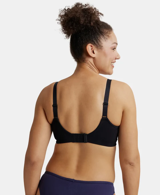 Black Combed Cotton Elastane Stretch Full Coverage Minimizer Bra - Image 4