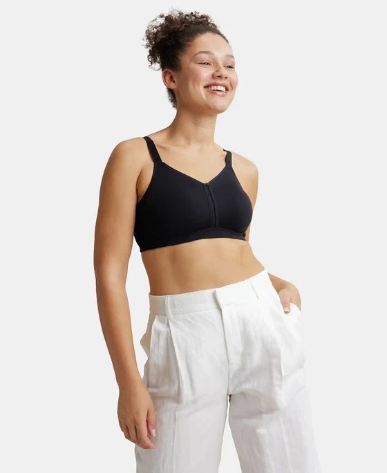 Black Combed Cotton Elastane Stretch Full Coverage Minimizer Bra - Image 6