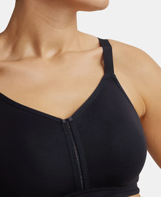 Black Combed Cotton Elastane Stretch Full Coverage Minimizer Bra - Image 7