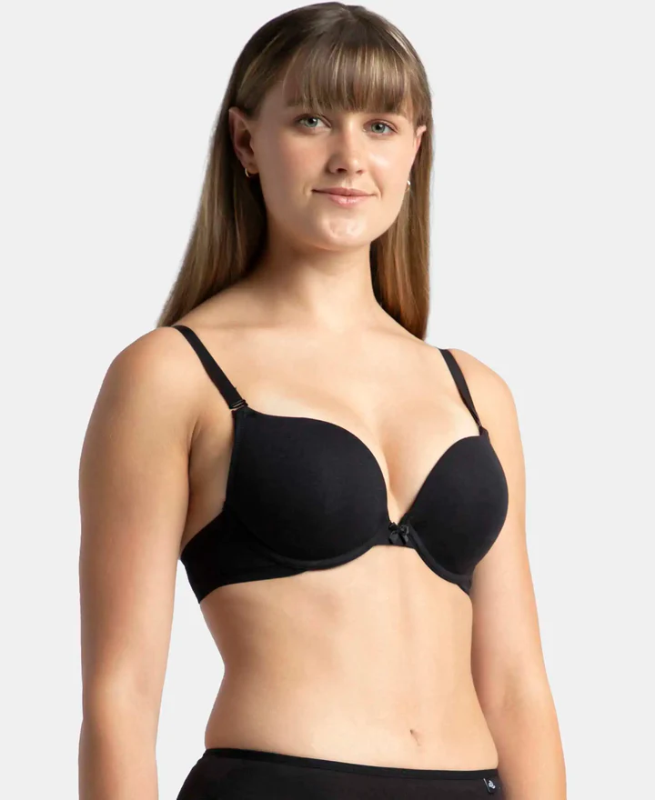Black Padded Wired Super Combed Cotton Elastane Stretch Medium Coverage Pushup Bra - Image 3