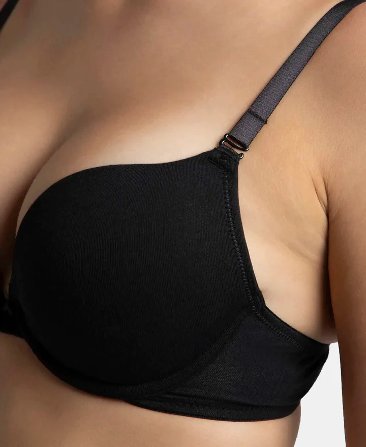Black Padded Wired Super Combed Cotton Elastane Stretch Medium Coverage Pushup Bra - Image 10