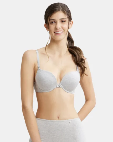 Padded Wired Super Combed Cotton Elastane Stretch Medium Coverage Pushup Bra with Plunge Neck