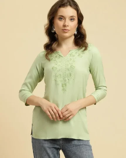 Pista Green Kashmiri Silk Work Short Kurti