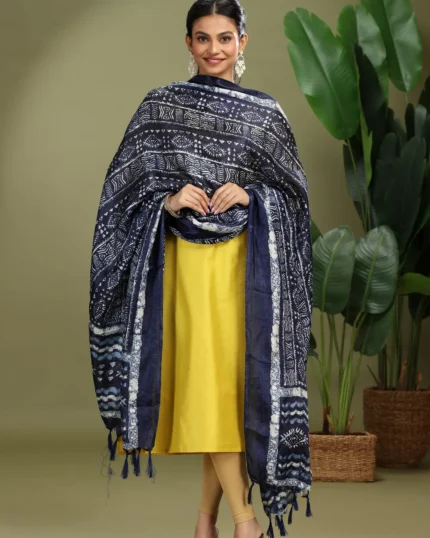 Navy Blue Chiffon Handblock Printed Dupatta