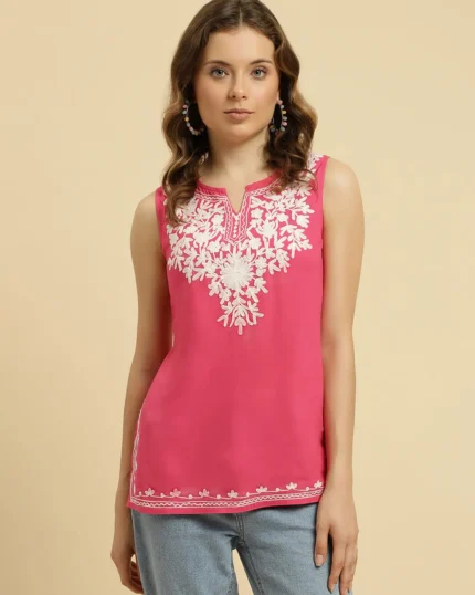 Pink Sleeveless Short Kurti