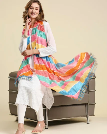 Pastel Multicolored Striped Printed Art Silk Crushed Dupatta