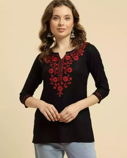 Black Kashmiri Silk Work Short Kurti