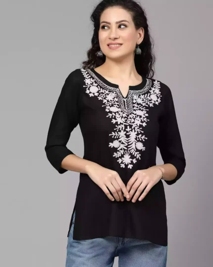 Black Kashmiri Embroidered Short Kurti