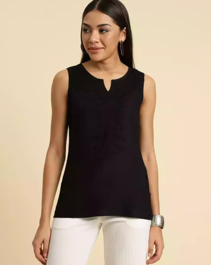 Black Self-Embroidered Sleeveless Short Kurti