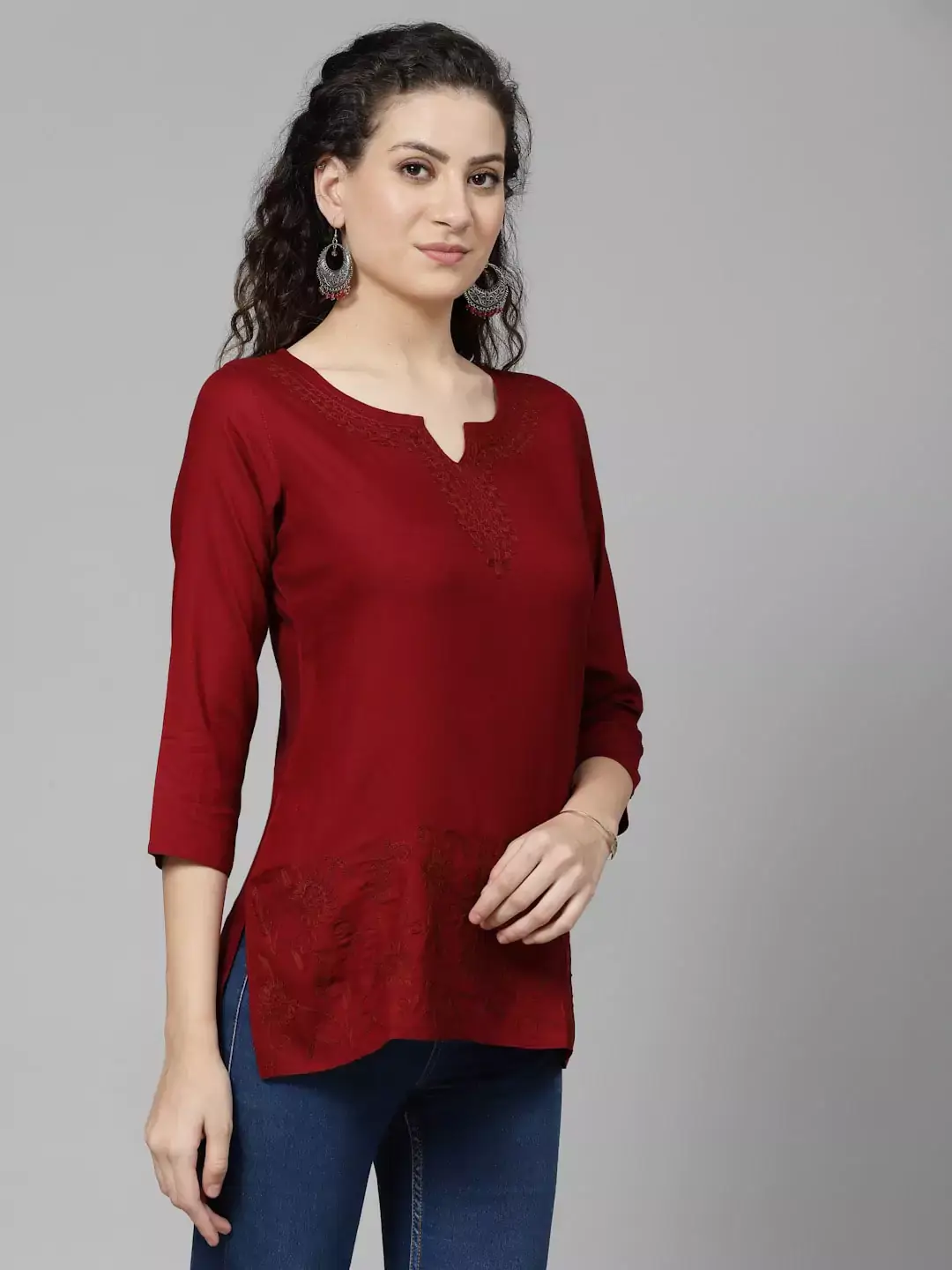 Hiba Maroon Self Embroidered Short Kurti - Image 6