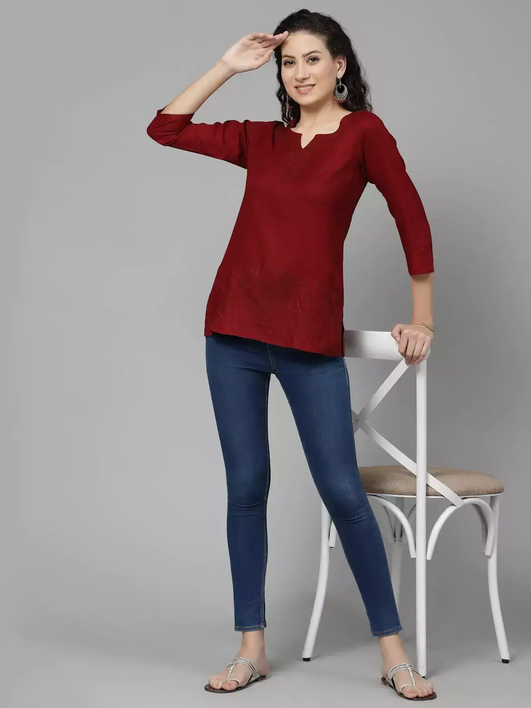 Hiba Maroon Self Embroidered Short Kurti - Image 2