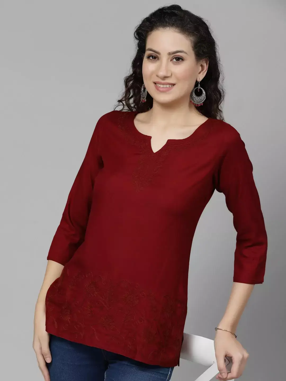 Hiba Maroon Self Embroidered Short Kurti - Image 3