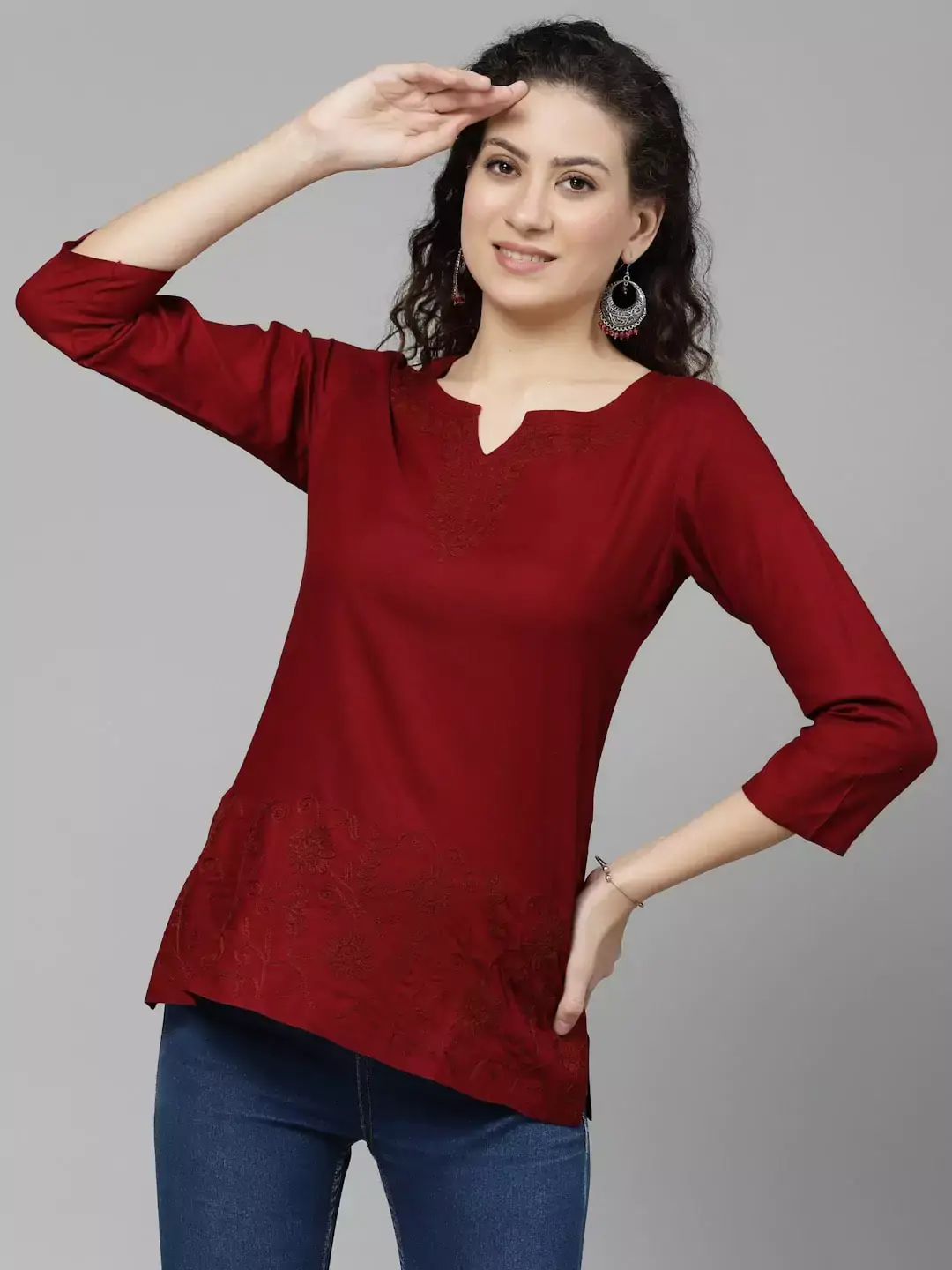 Hiba Maroon Self Embroidered Short Kurti - Image 4