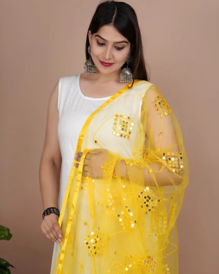 Indian Bollywood Solid Designer Net Sequence Dupatta, Scarf, Shawl, Chunni Latest Wedding Women Dupatta with Matching Lace, Gift for Her