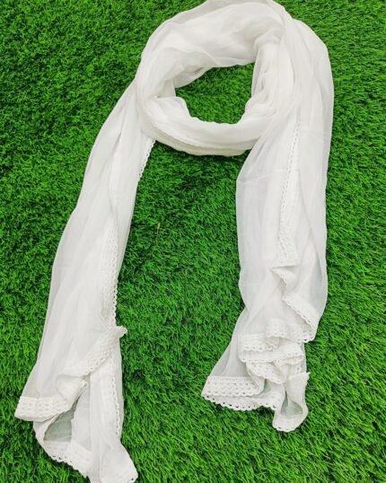 Plain White Chiffon Dupatta With Crochet lace Border