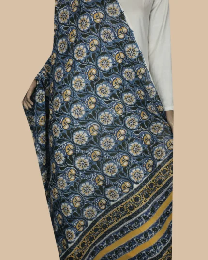 Deep Blue with Florals Block Printed Mul Cotton Dupatta