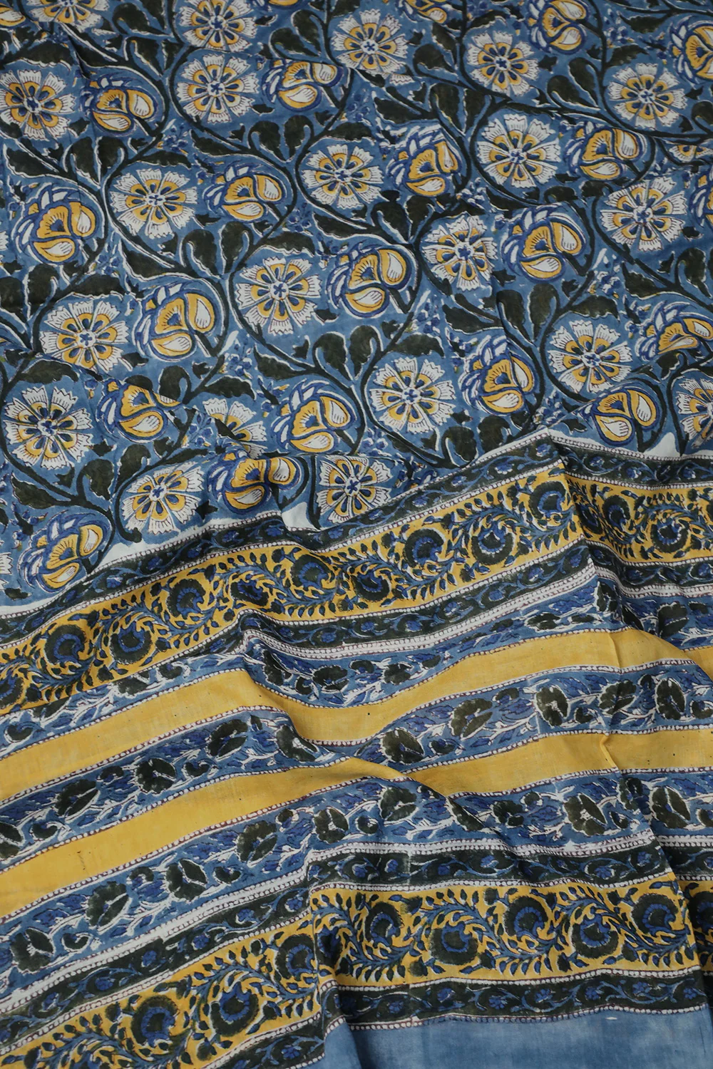 Deep Blue with Florals Block Printed Mul Cotton Dupatta - Image 2