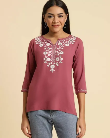 Wild Orchid Pink Kashmiri Silk Work Short Kurti