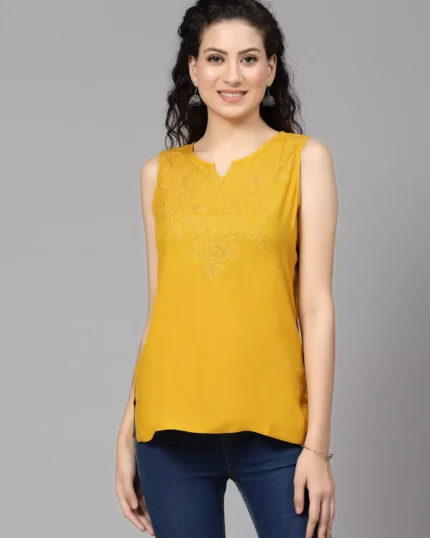 Mustard Self Embroidered Sleeveless Short Kurti