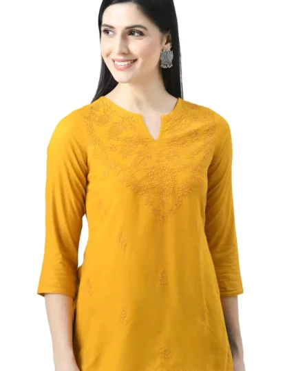 Mustard Self Chikankari Short Kurti