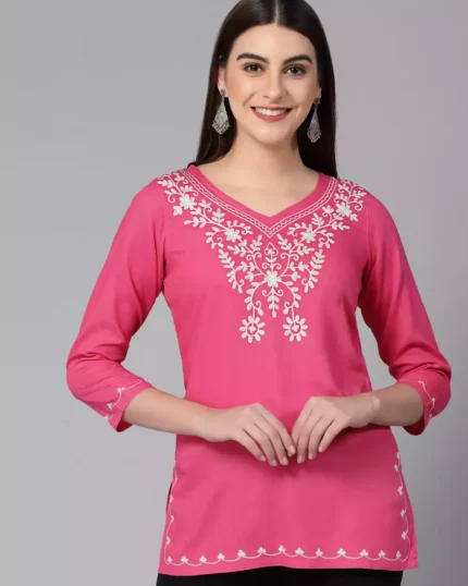 Pink Resham Work Short Kurti