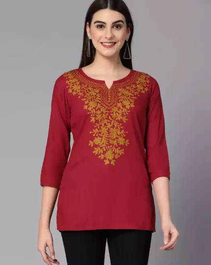 Red Kashmiri Embroidered Short Kurti